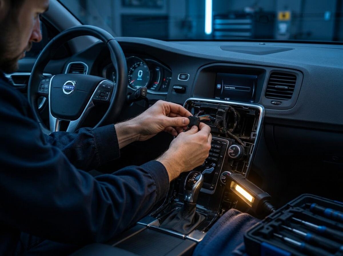 Tekniker som installerar elektronik bakom instrumentpanelen på en Volvo V60 av första generationen