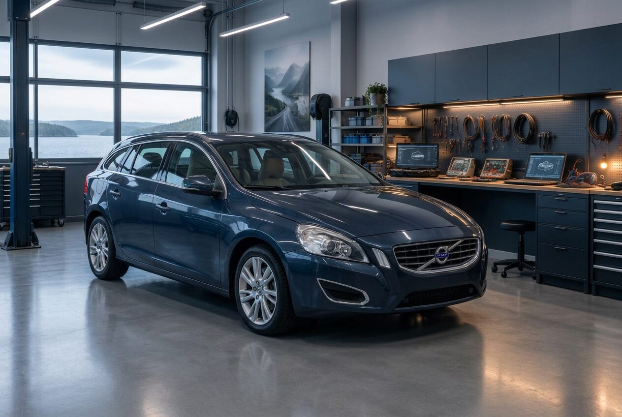 Volvo V60 av första generationen i verkstad för retrofit-arbeten